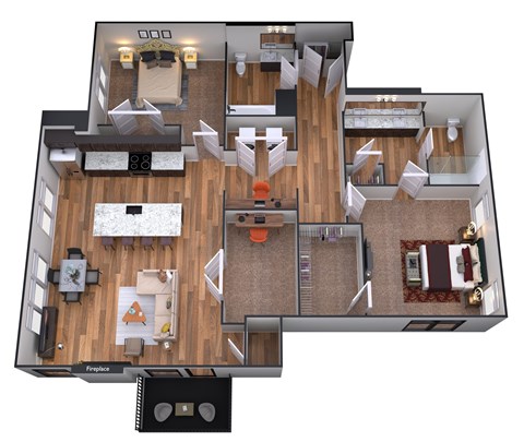 Floor plan for 2 beds, 2 baths, 1447 sqft